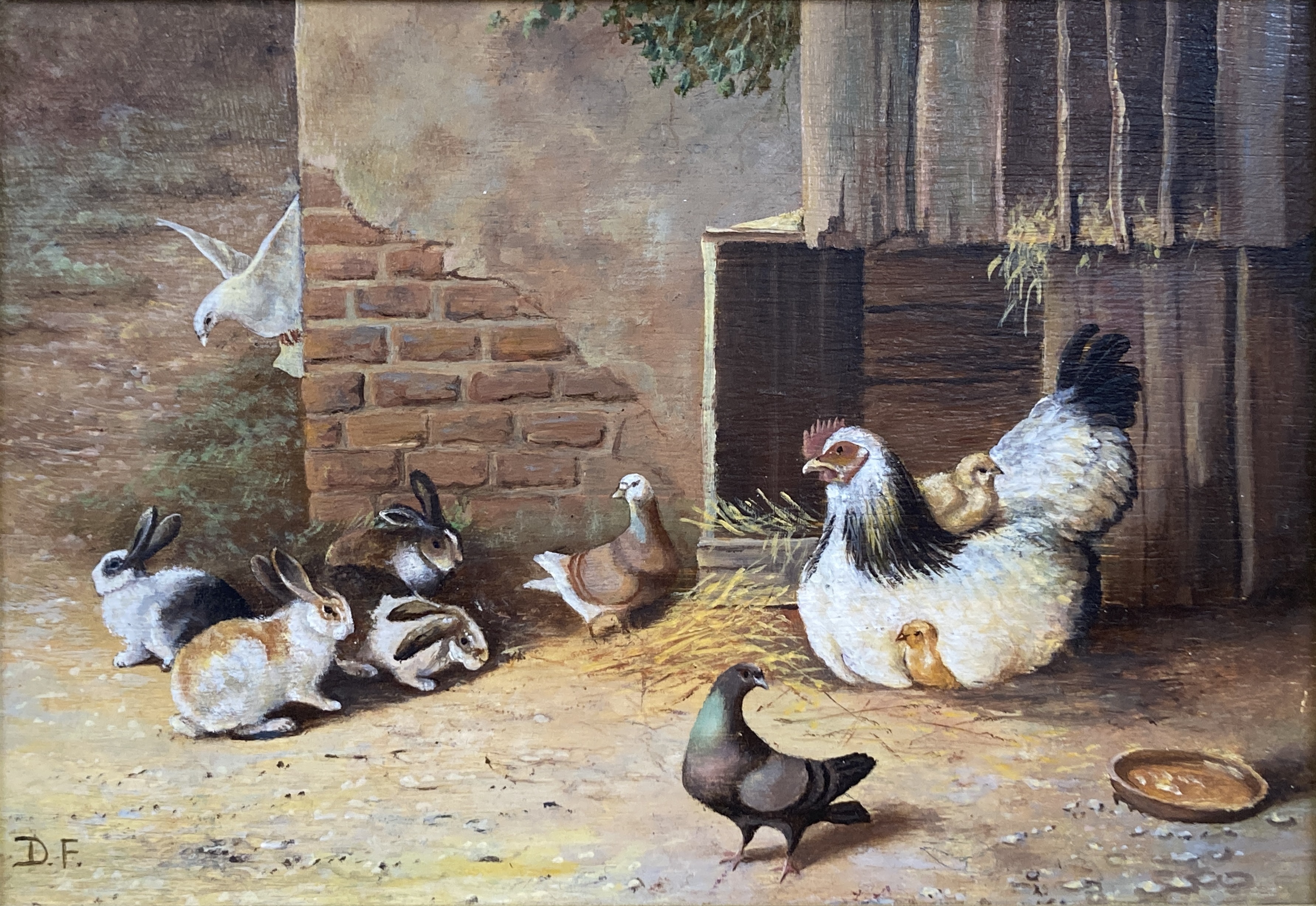 After J.F Herring, pair oil oils panel, Rabbits, poulty and other birds in farmyards, initialled D.F, 13 x 19cm